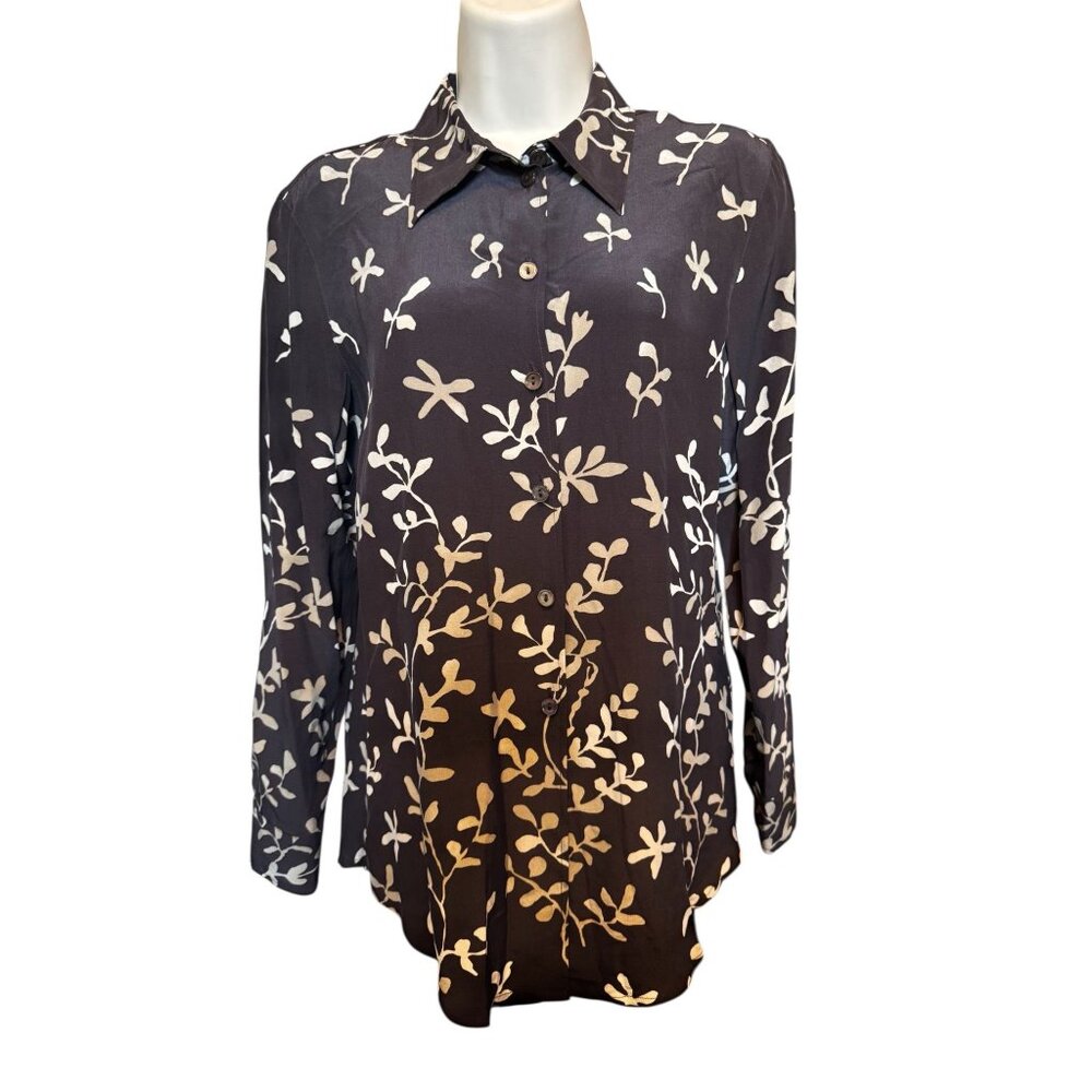 Vtg Mondi Women's Blouse 100% Silk Sz 34 XS Brown Floral Long Sleeve Button-Up